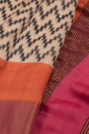 Beige and Black Hand Block Printed Tussar Silk Saree 10059324