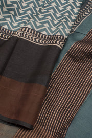 Lead Blue Hand Block Printed Tussar Silk Saree 10059326