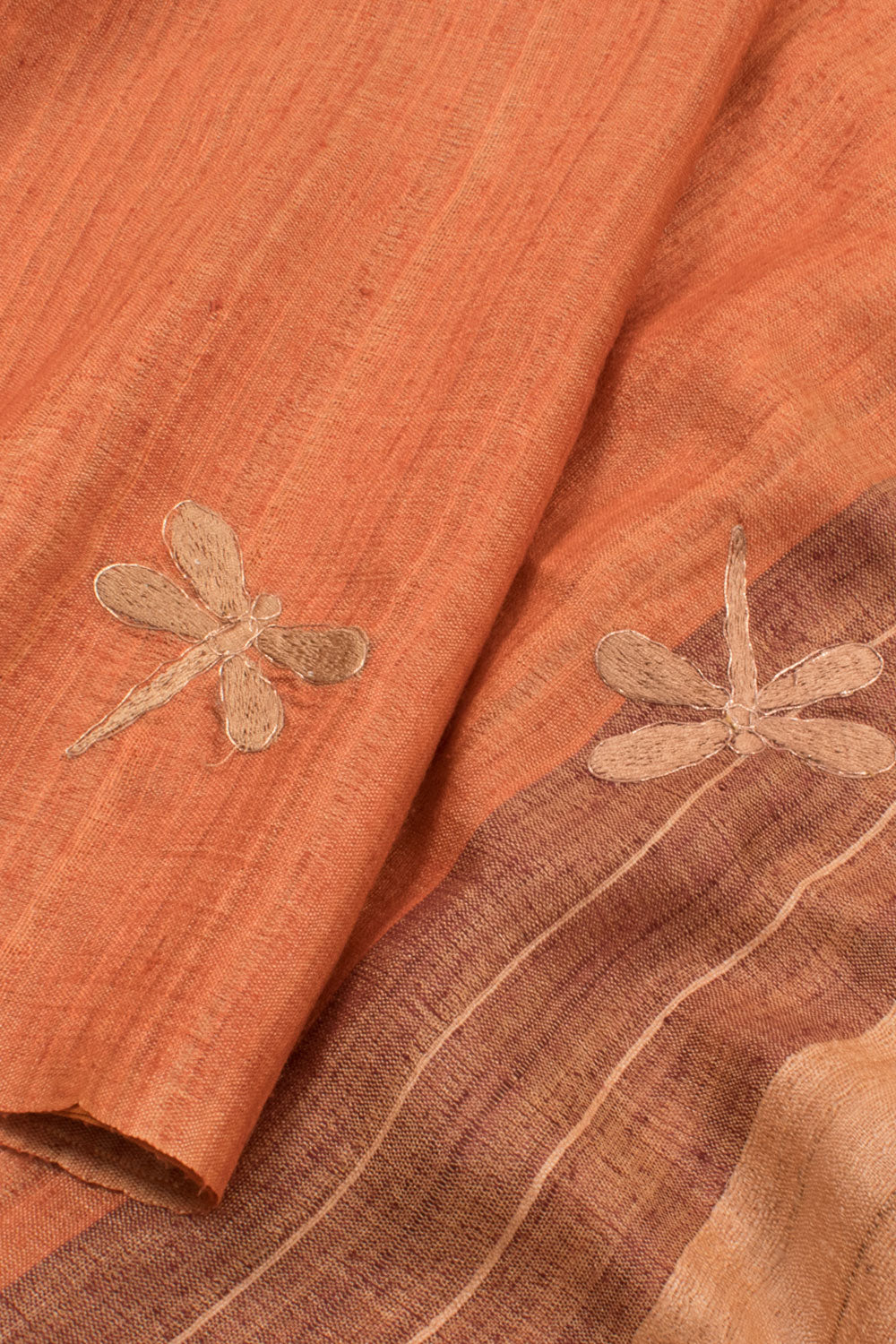 Apricot Orange Handloom Embroidered Tussar Silk Saree 10059563
