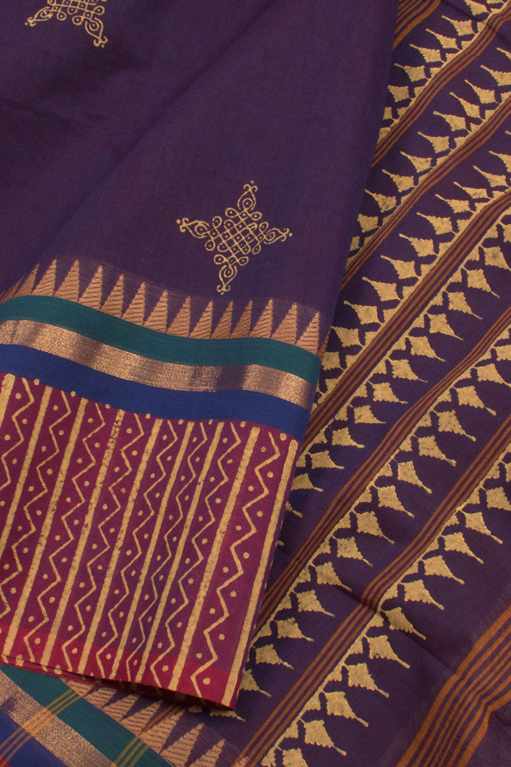 Purple Hand Block Printed Chettinad Cotton Saree 10059352