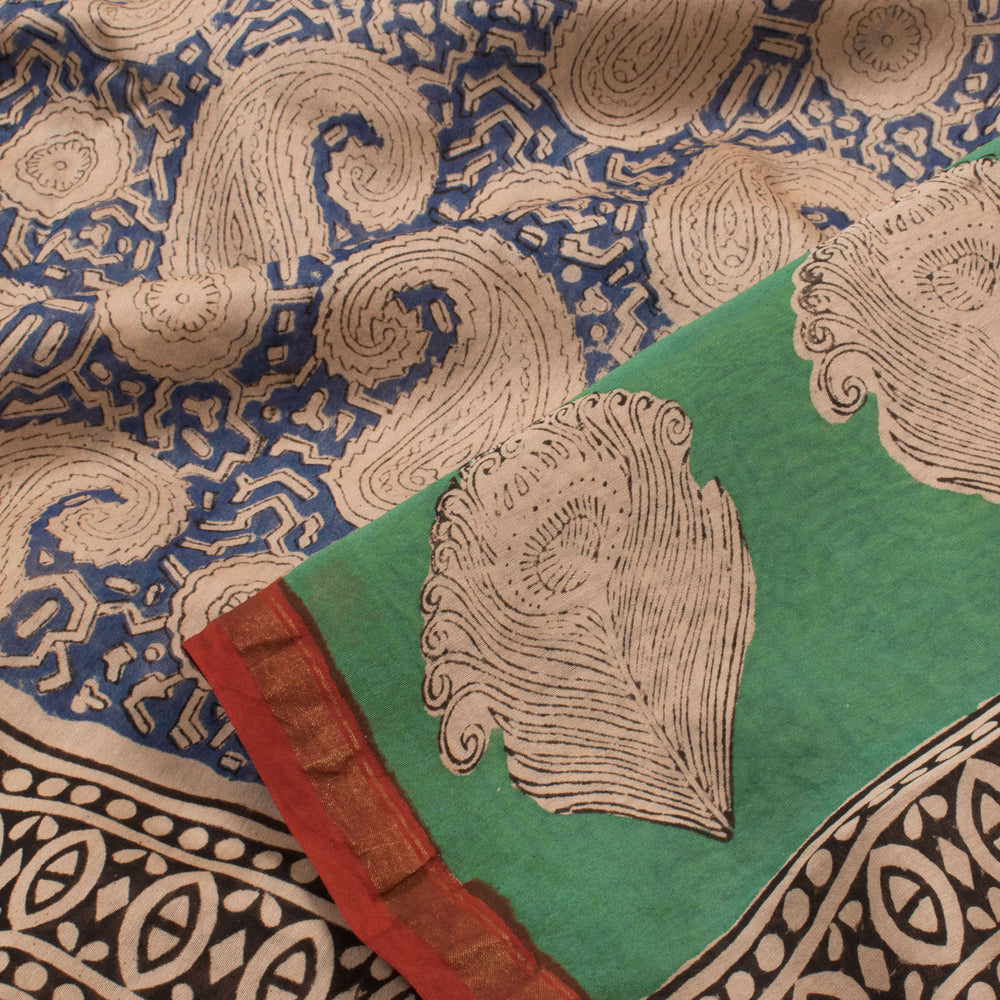 Hand Block Printed Chanderi Silk Cotton Saree with Paisley Motifs and Stripes Border