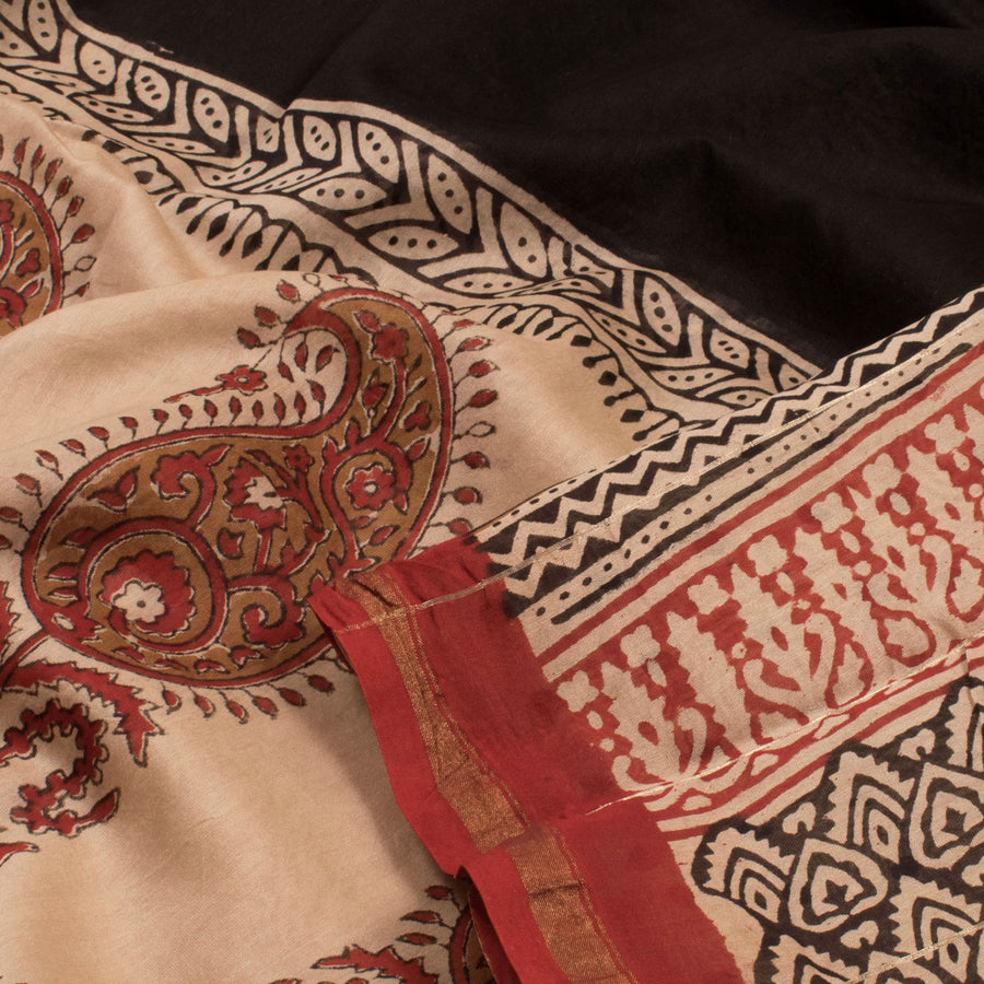 Hand Block Printed Chanderi Silk Cotton Saree with Paisley Border