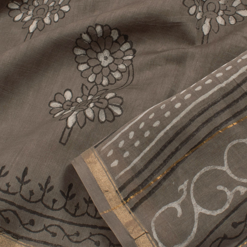 Dabu Printed Chanderi Silk Cotton Saree with Floral Motifs