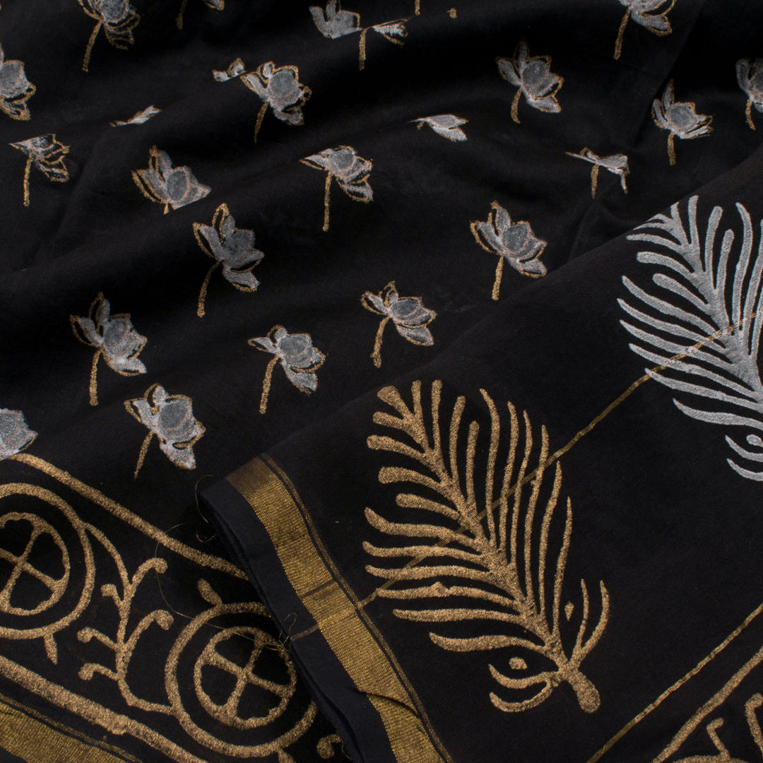 Hand Block Printed Chanderi Silk Cotton Saree with Floral Motifs and Metallic Prints