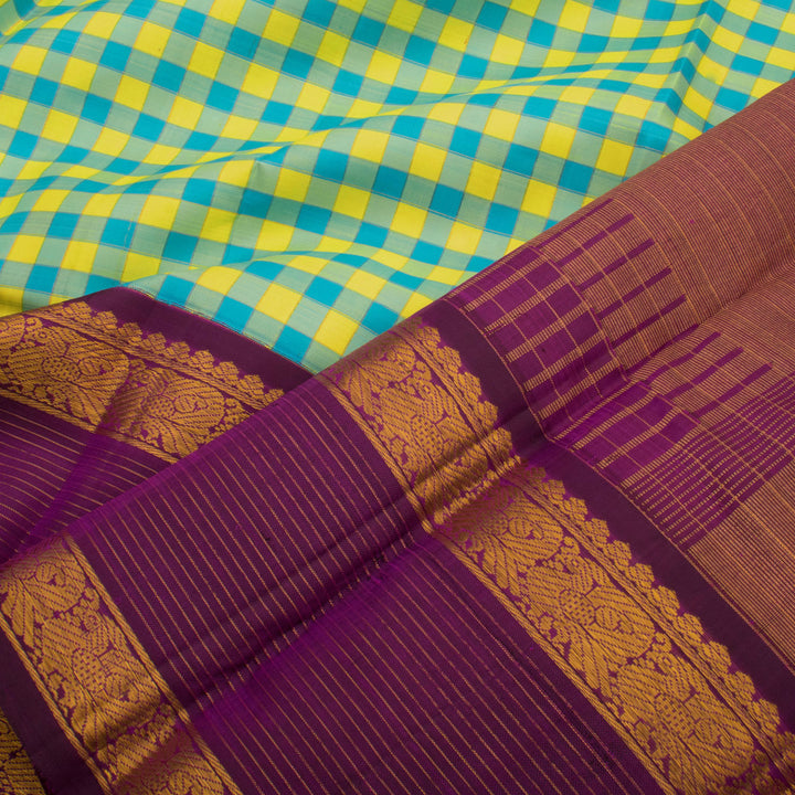 Handloom Pure Zari Korvai Kanjivaram Silk Saree with Checks Design and Thandavalam Border 