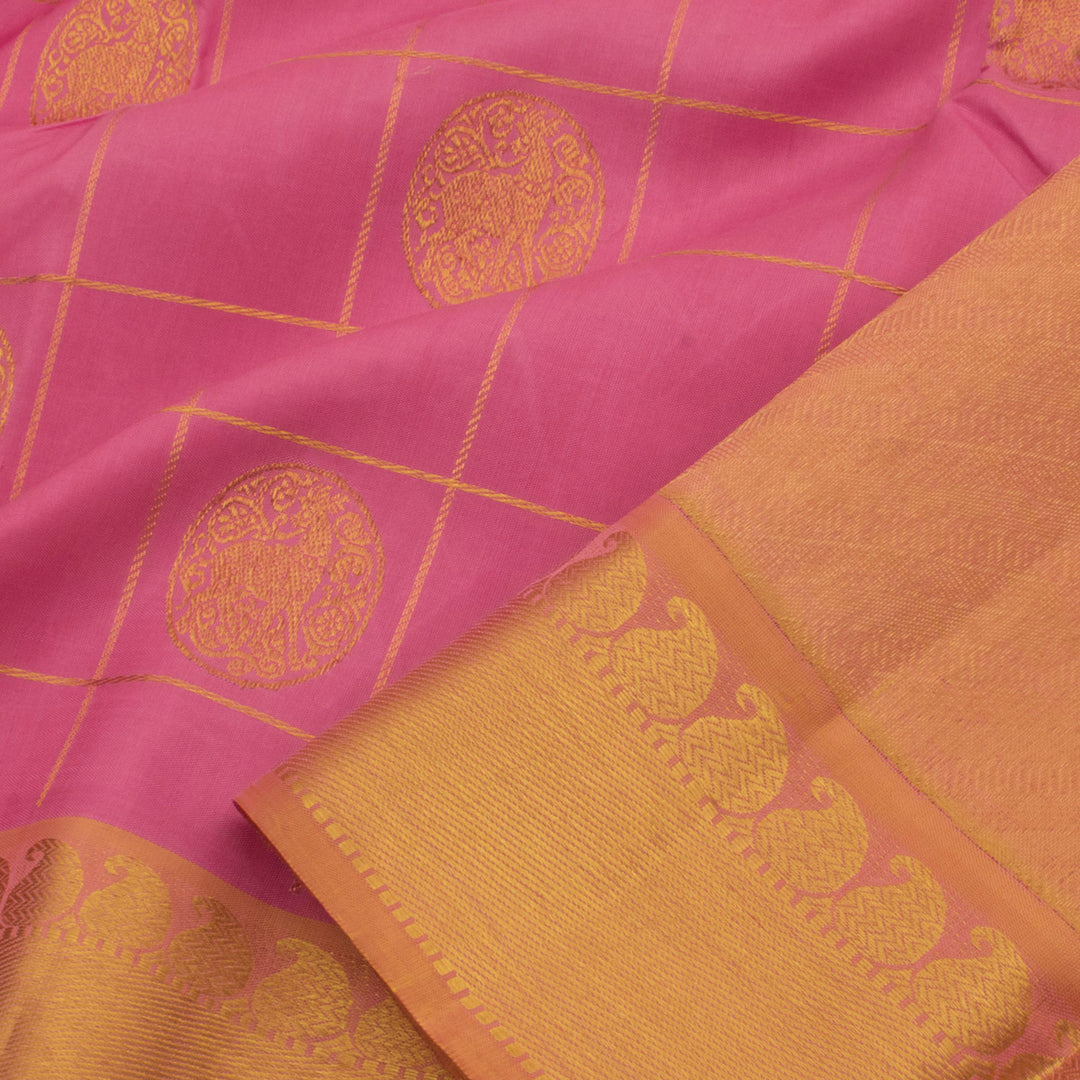 Handloom Pure Zari Kanjivaram Silk Saree with Checks Design Deer Motifs and Paisley Border