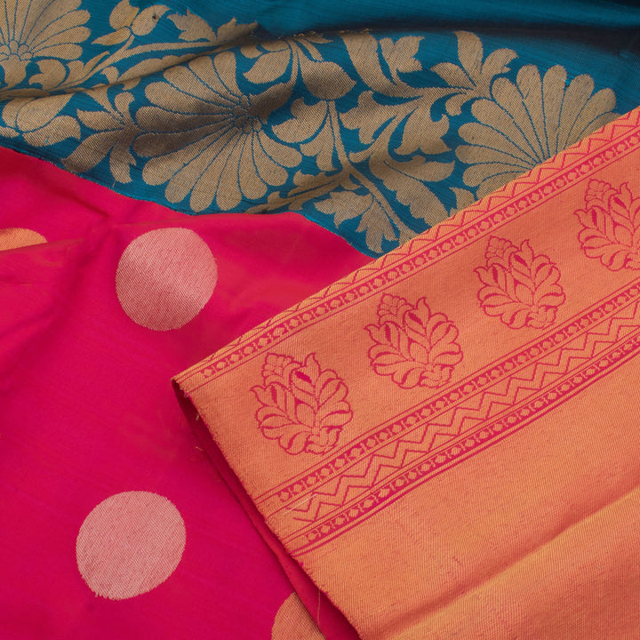 Handloom Pure Zari Bridal Korvai Kanjivaram Silk Saree with Single Side Floral and Circle Motifs Border