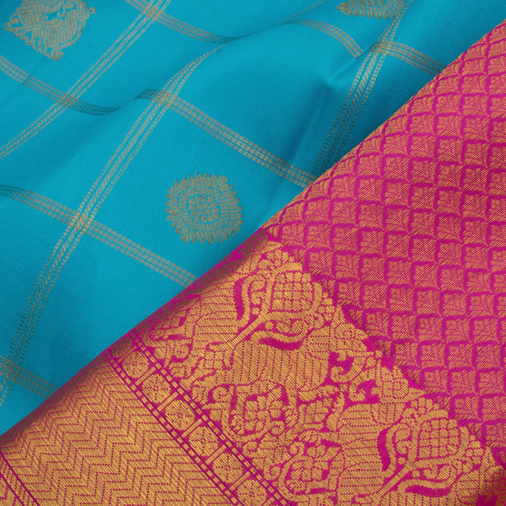 Handloom Pure Zari Kanjivaram Silk Saree with Checks Design and Mayil Chakram Motifs and Yazhi Border