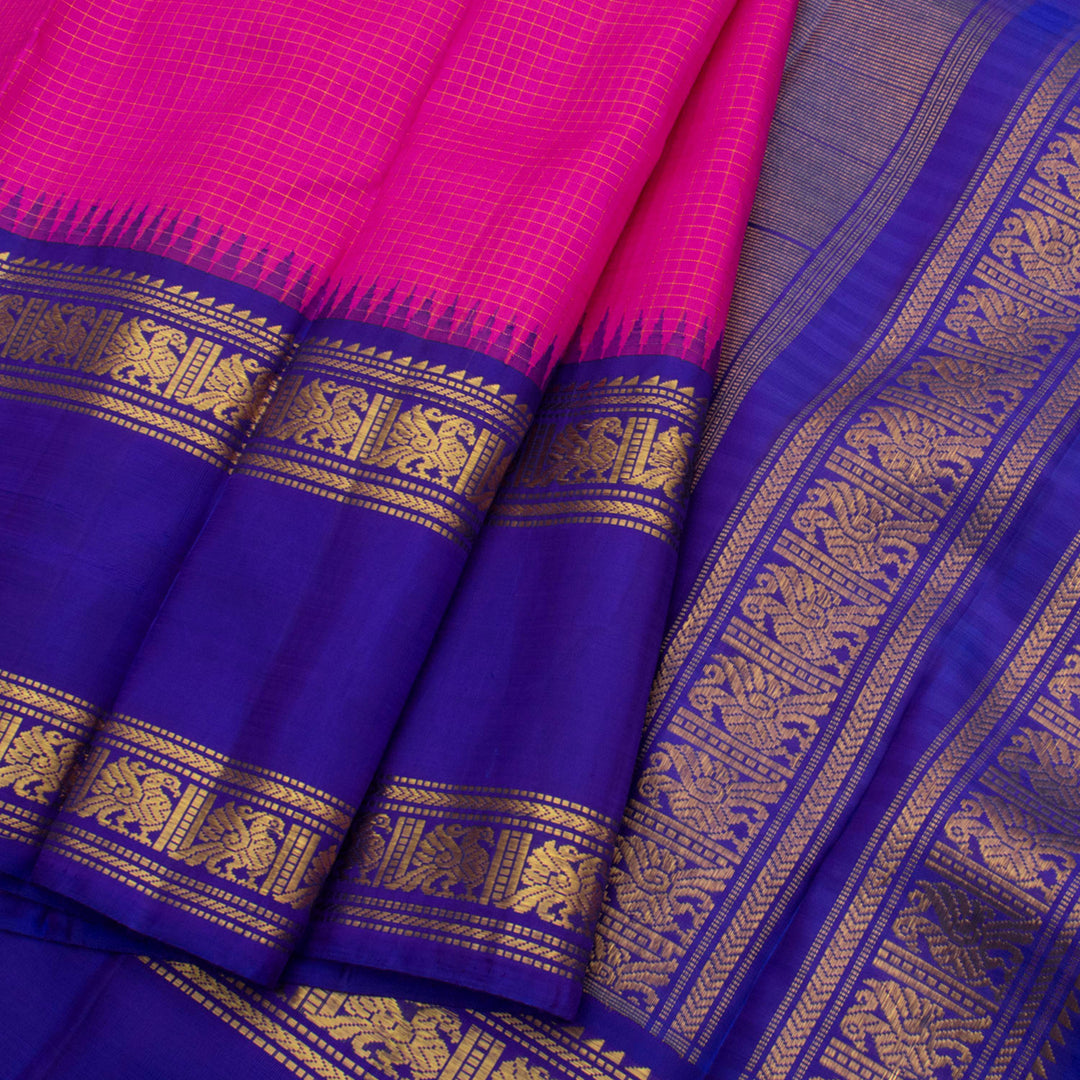 Handloom Pure Zari Bridal Korvai Kanjivaram Silk Saree with Checks Design and Thandavalam Temple Border