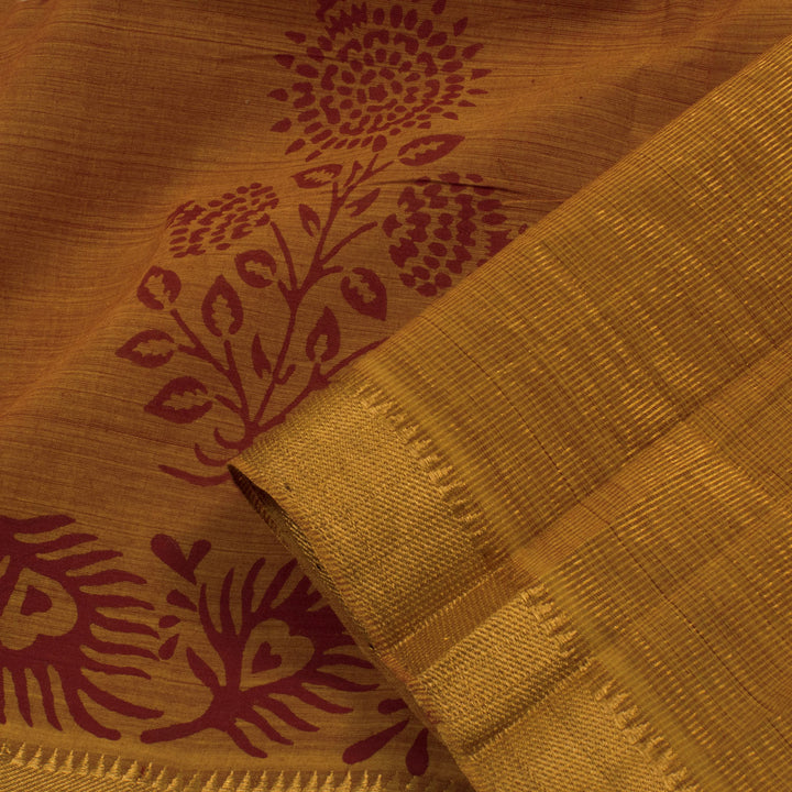 Hand Block Printed Mangalgiri Cotton Saree with Floral Motifs and Zari Border
