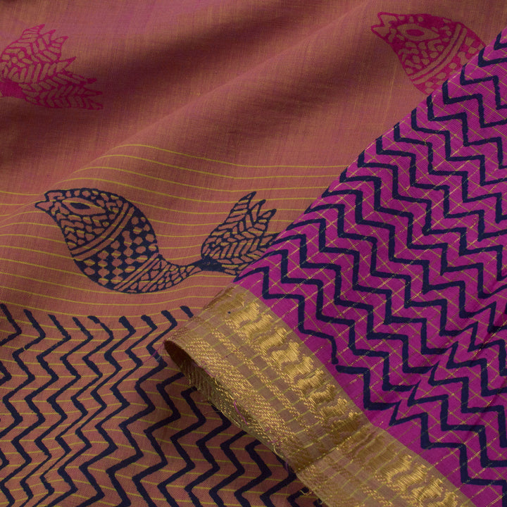 Hand Block Printed Mangalgiri Cotton Saree with Fish Motifs Wave and Zari Border