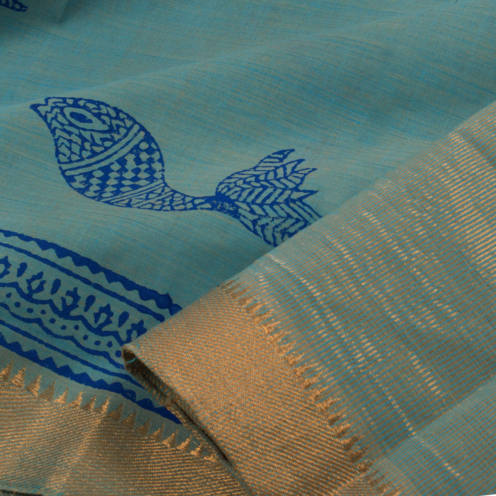 Hand Block Printed Mangalgiri Cotton Saree with Fish Motifs and Zari Border