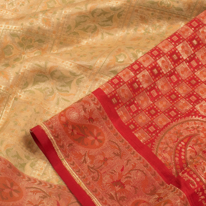 Handloom Banarasi Gharchola Katrua Katan Silk Saree with Meenakari Floral Motifs and Checks Design