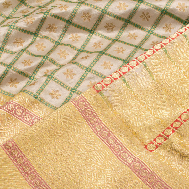 Handloom Banarasi Katan Silk Saree with Checks Design and Floral Butis