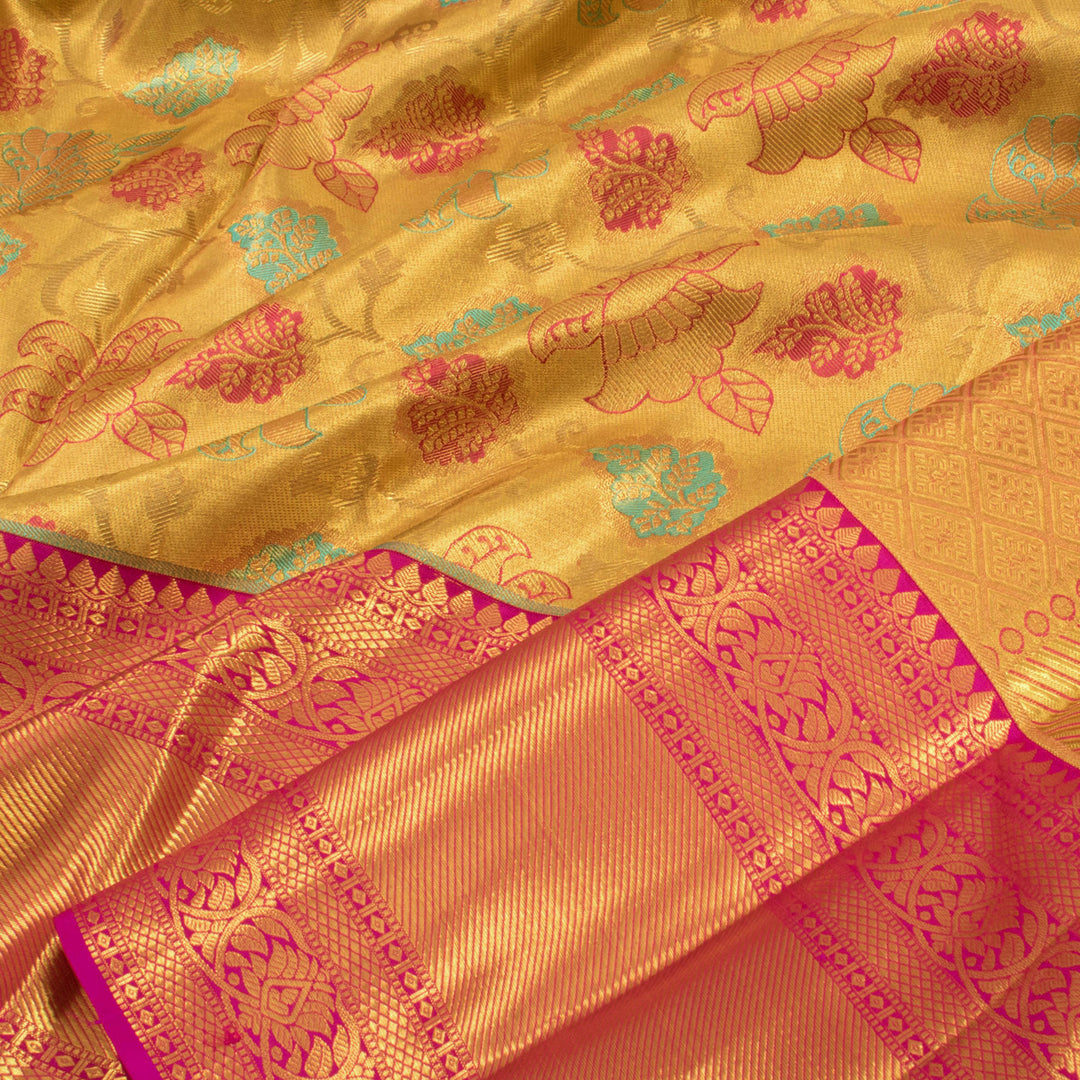 Handloom Pure Tissue Silk Bridal Jacquard Kanjivaram Saree with Kodimalar Design and Bavanji Border