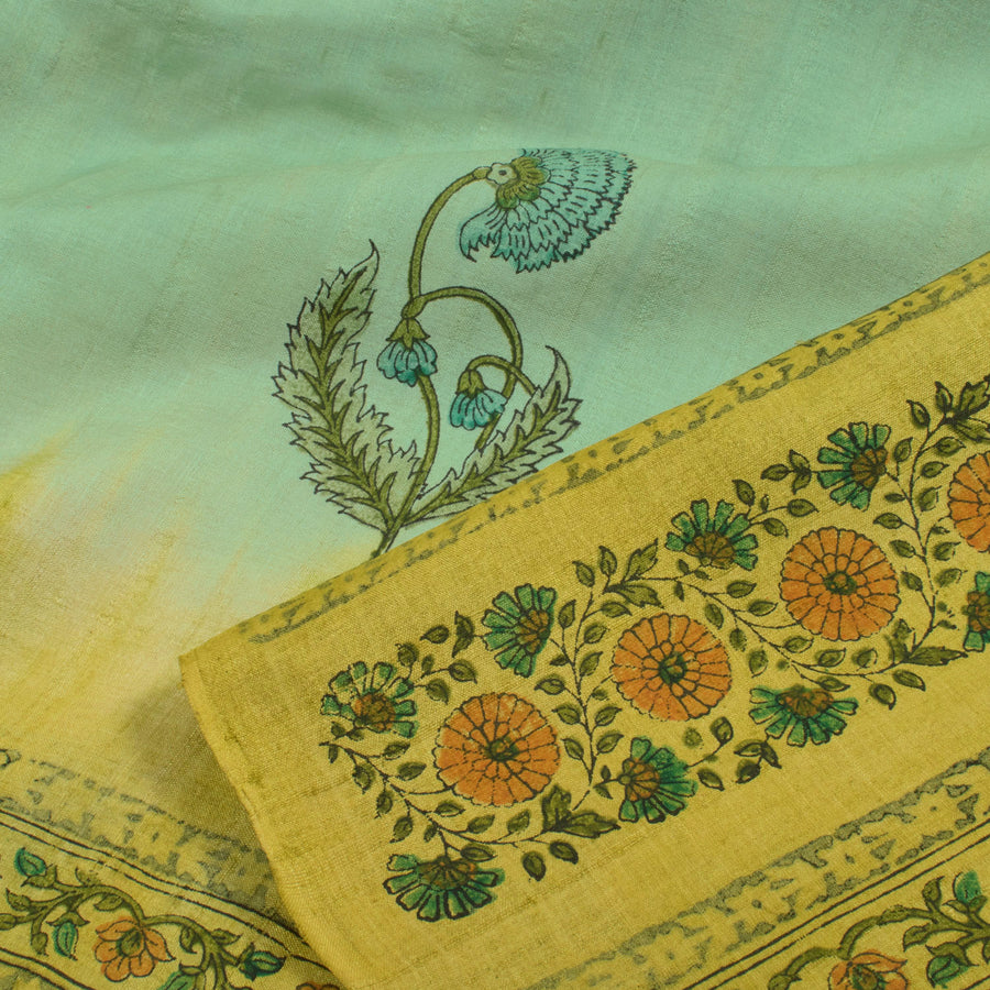 Hand Block Printed and Ombre Dyed Tussar Silk Saree with Floral Motifs and Detached Blouse