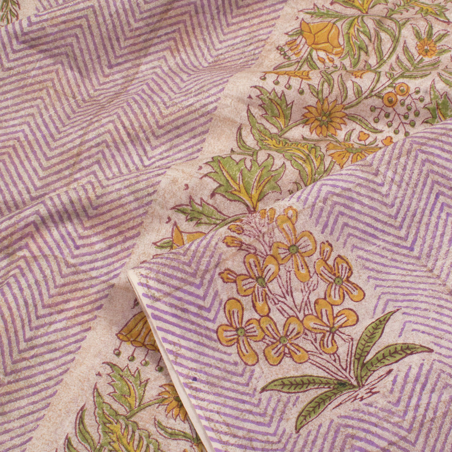 Hand Block Printed Chanderi Silk Cotton Saree with Floral Zigzag Design and Metallic Overlay