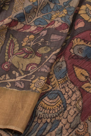 Elephant Grey Hand Painted Pen Kalamkari Tussar Silk Saree 10059457