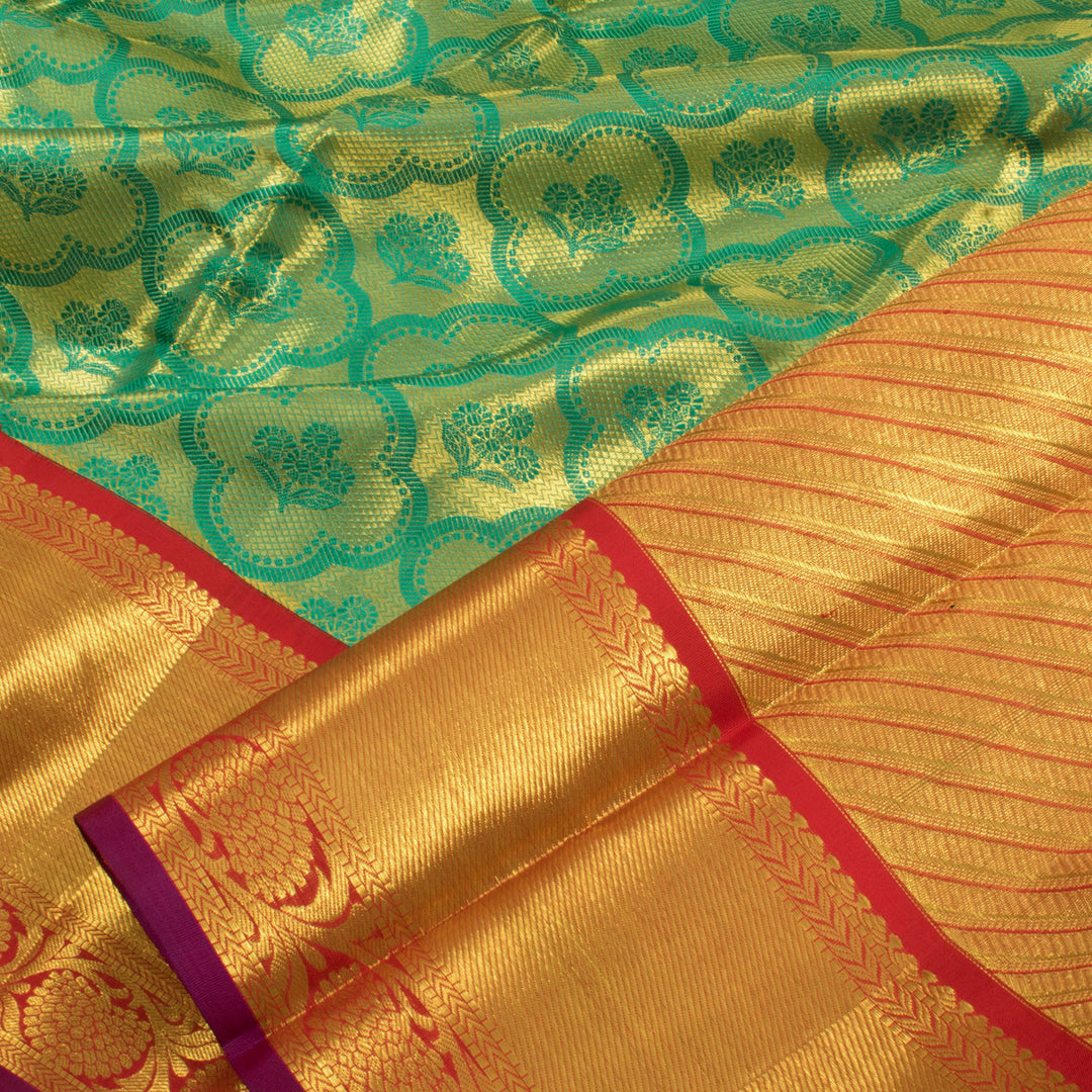 Handloom Pure Tissue Silk Bridal Jacquard Kanjivaram Saree with Floral Motifs and Bavanji Border 