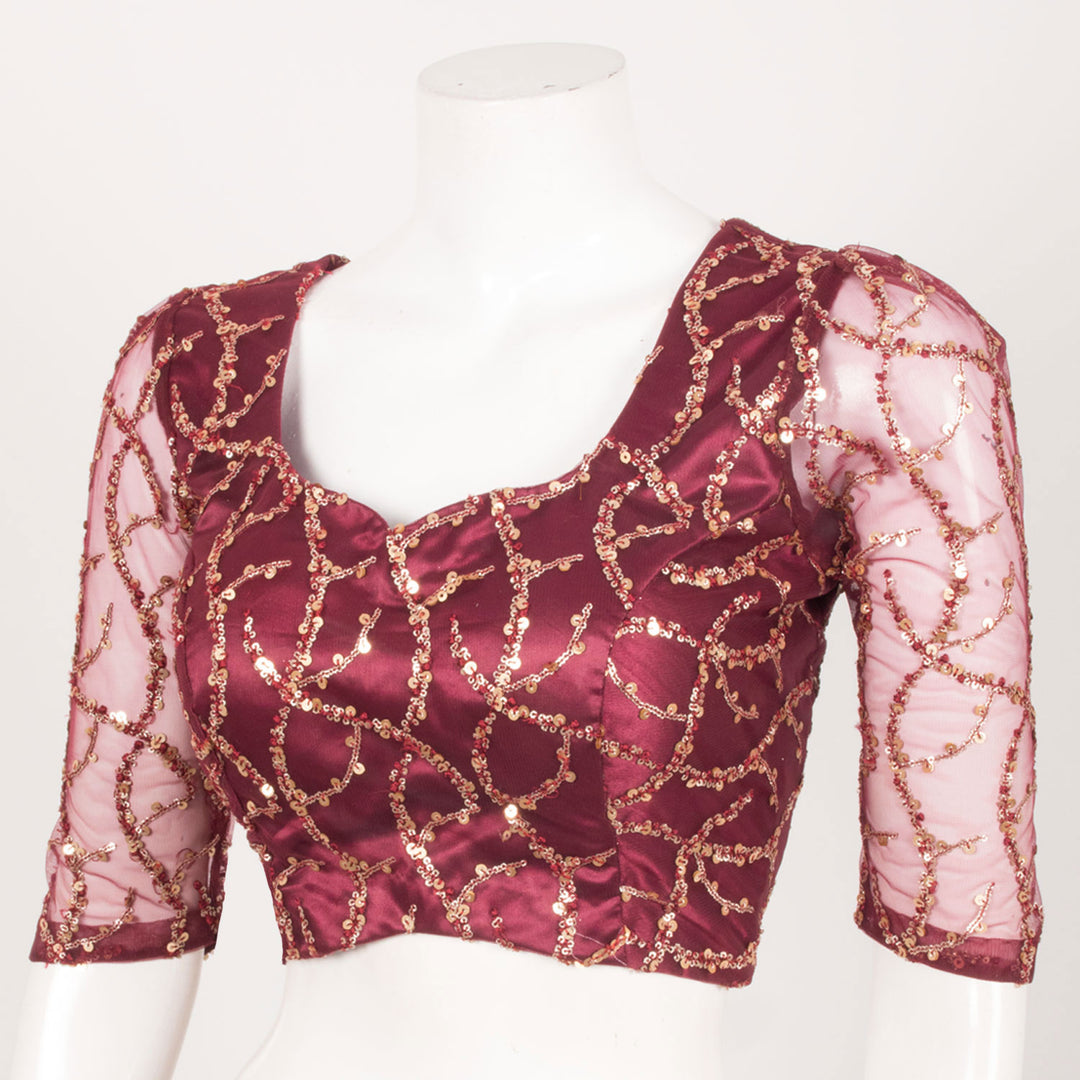Embroidered Sequin Work Net Satin Silk Blouse with Tie-Up Back, Bead Tassels and Padding
