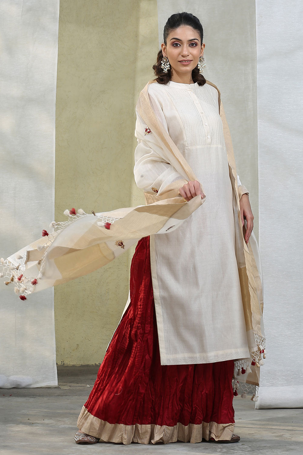 Hand Embroidered Readymade Chanderi Silk Kurta Set with Contrast Wrinkled Skirt and Zardosi Embroidered Organza Dupatta