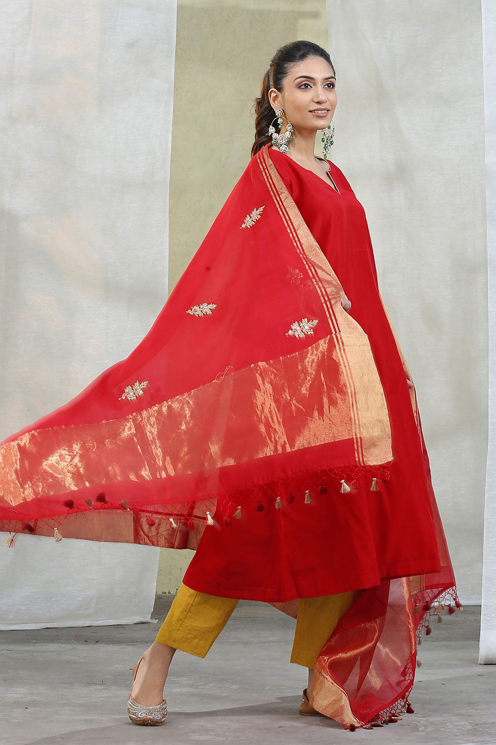 Hand Embroidered Readymade Chanderi Silk Kurta Set with Contrast Pant and Zardosi Embroidery on Dupatta and Sleeve