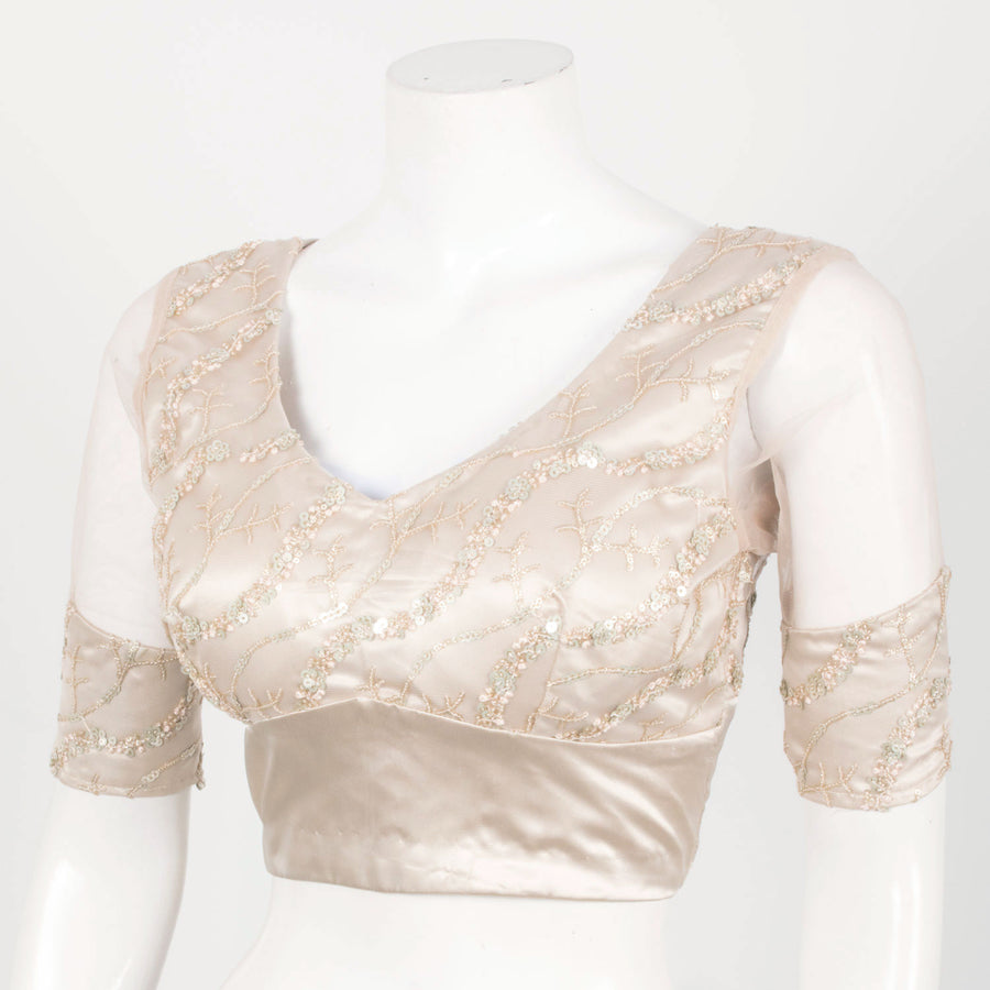 Embroidered Sequin Work Net Satin Silk Blouse with Tie-Up and Padding 