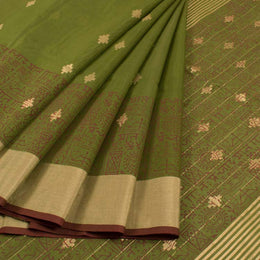 Green Hand Block Printed Chanderi Saree 10030043