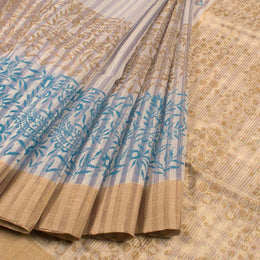 Cream Hand Block Printed Chanderi Saree 10049146