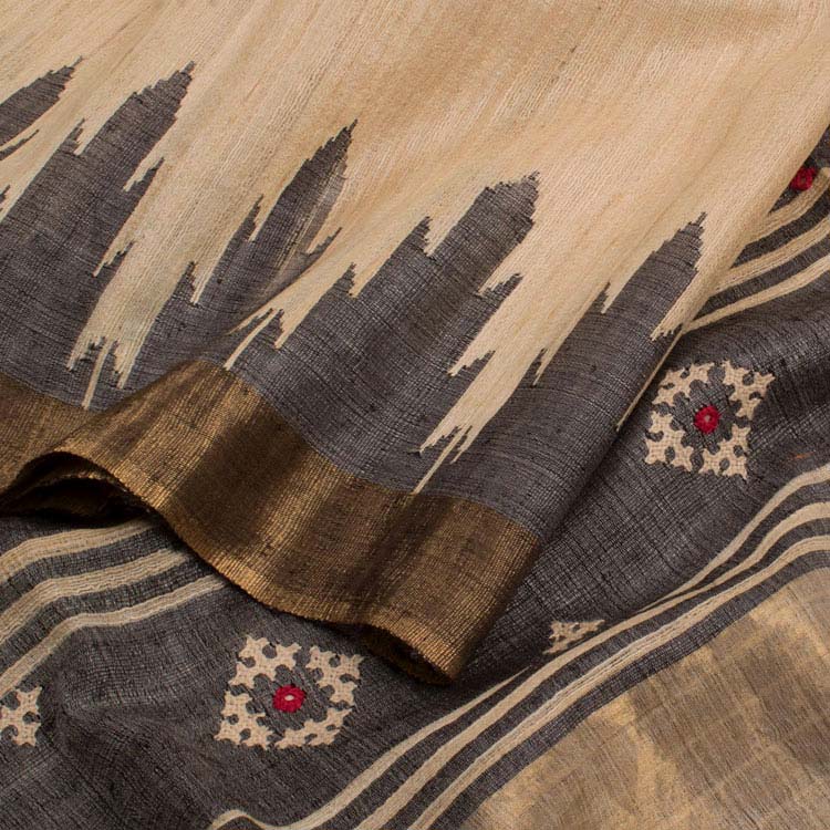 Handloom Kutchi Embroidered Khadi Tussar Silk Saree 10046881
