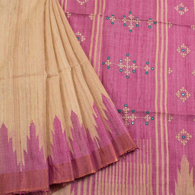 Handloom Kutchi Embroidered Khadi Tussar Silk Saree 10046883