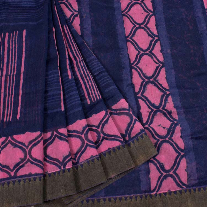 Hand Block Printed Indigo Silk Cotton Saree10040230