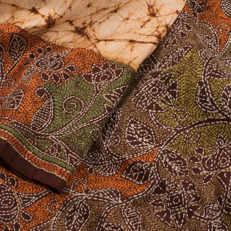 Kantha Embroidered Batik Printed Silk Saree 10050178