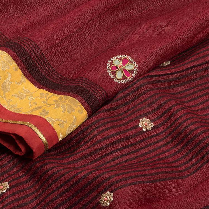 Sequin Embroidered Tussar Silk Saree 10022481