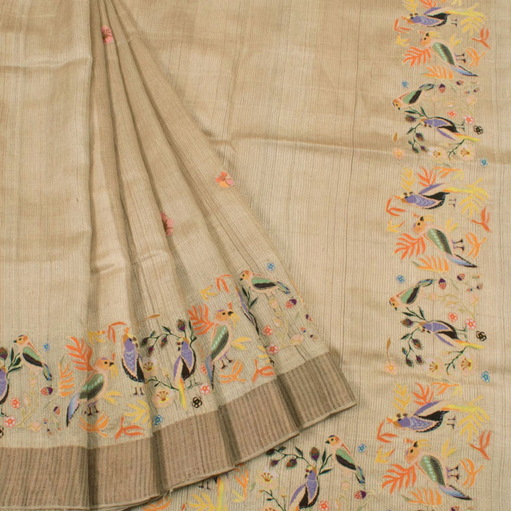 Applique Embroidered Tussar Silk Saree 10052252