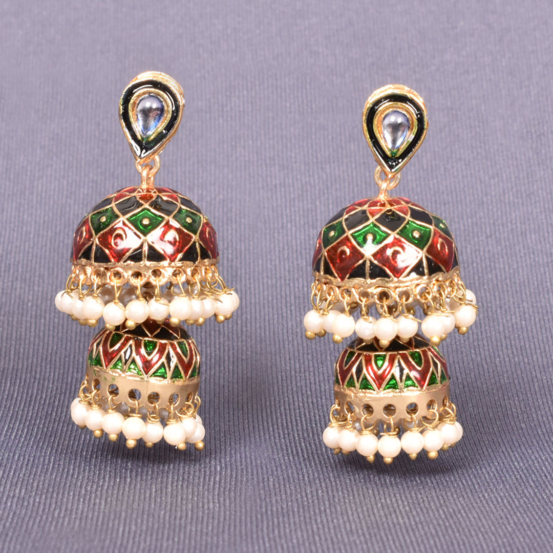 Handcrafted Beaded Kundan Meenakari Jhumka Earring 10015675