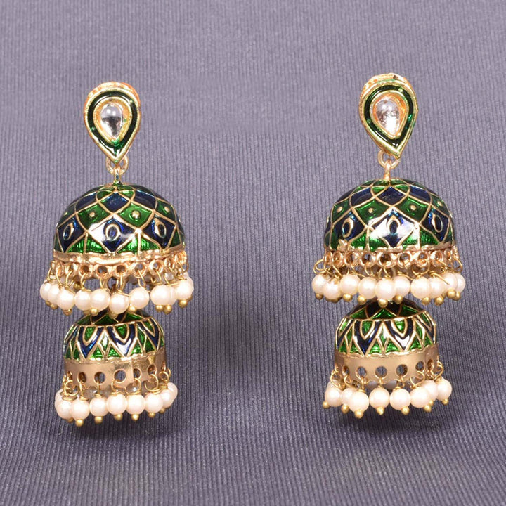 Handcrafted Beaded Kundan Meenakari Jhumka Earring 10015676