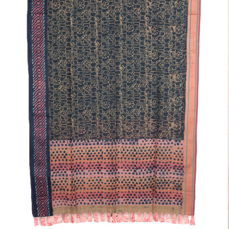 Hand Block Printed Indigo Silk Cotton Saree 10045586