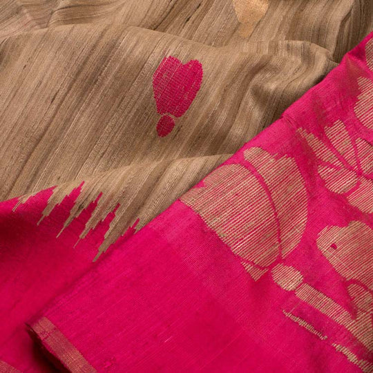 Brown - Bengal Hand Embroidery Pure Tussar Silk Handloom Kantha Precut Fabric (1.5 meter) 13