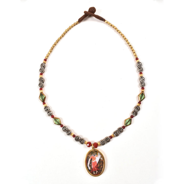 Handcrafted Ethnic Necklace with Print Pendant 10017232