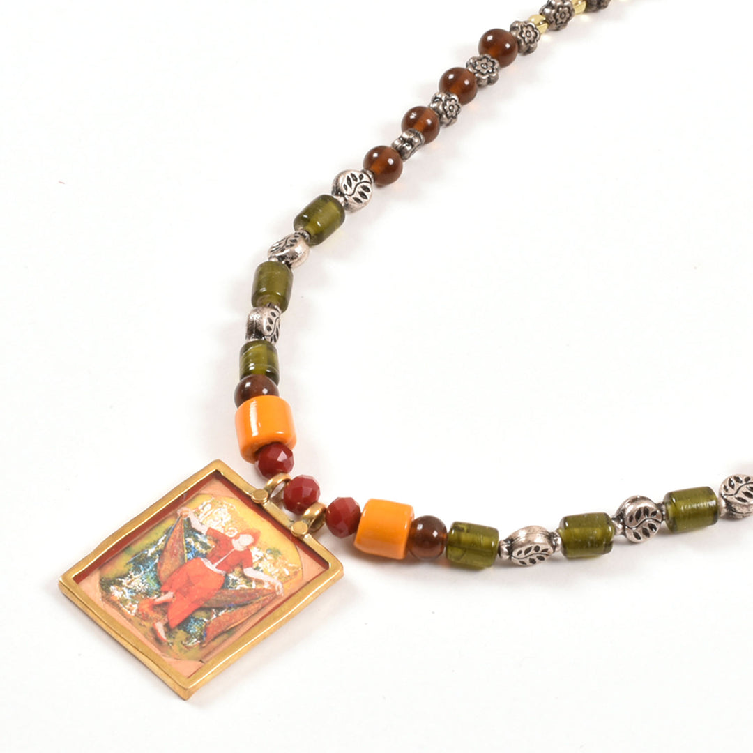 Handcrafted Ethnic Necklace with Print Pendant 10017234