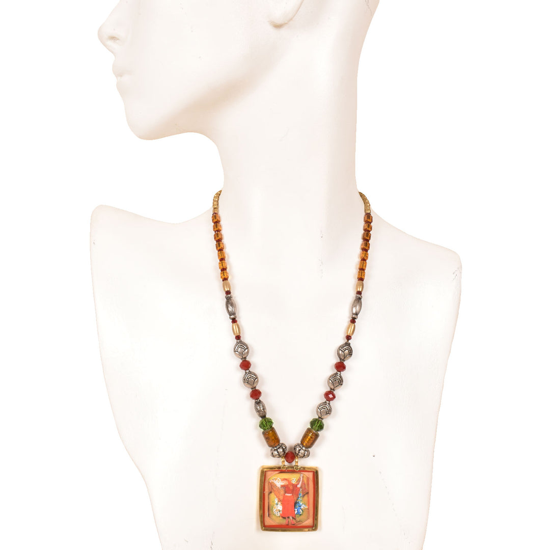 Handcrafted Ethnic Necklace with Print Pendant10017235