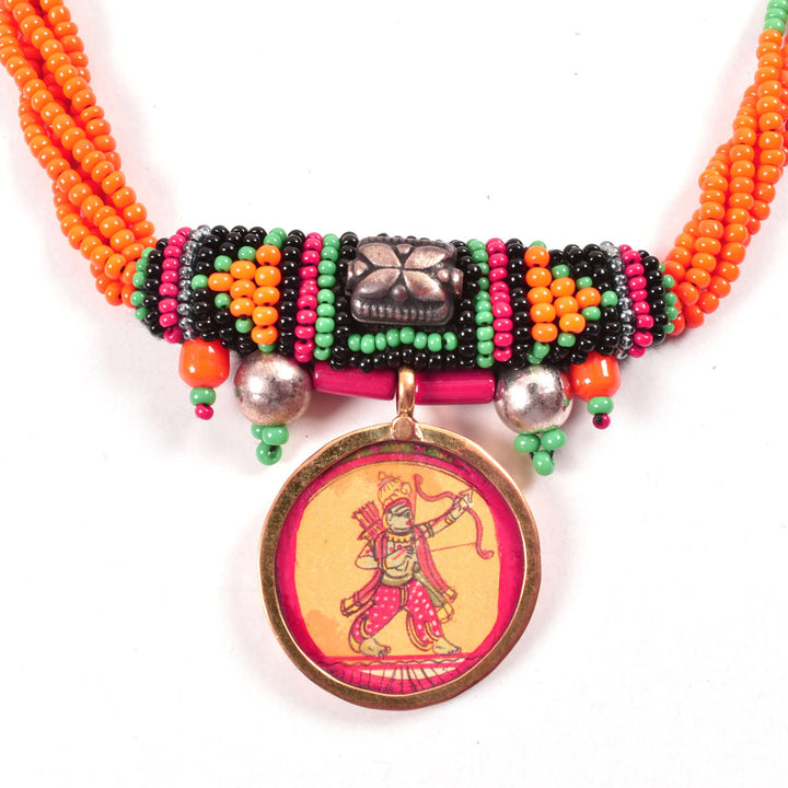 Handcrafted Ethnic Necklace with Rama Print Pendant 10017244
