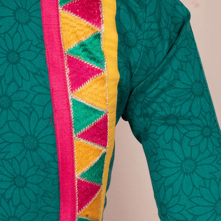 Hand Block Printed Embroidered Tussar Silk Blouse 10049292