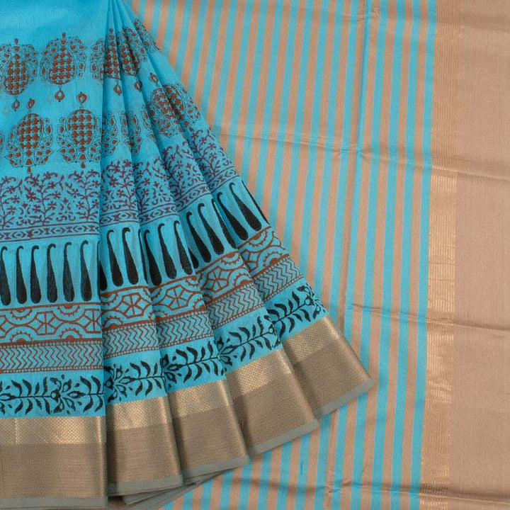 Hand Block Printed Maheshwari Silk Cotton Saree 10035661
