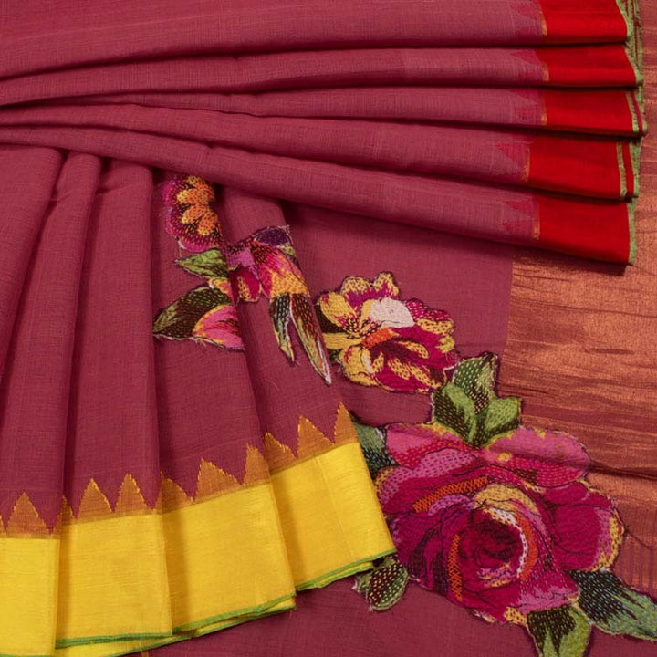 Applique Embroidered Handloom Kuttu Khadi Cotton Saree 10036122