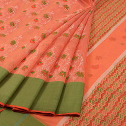 Orange Hand Block Printed Chanderi Saree 10036357