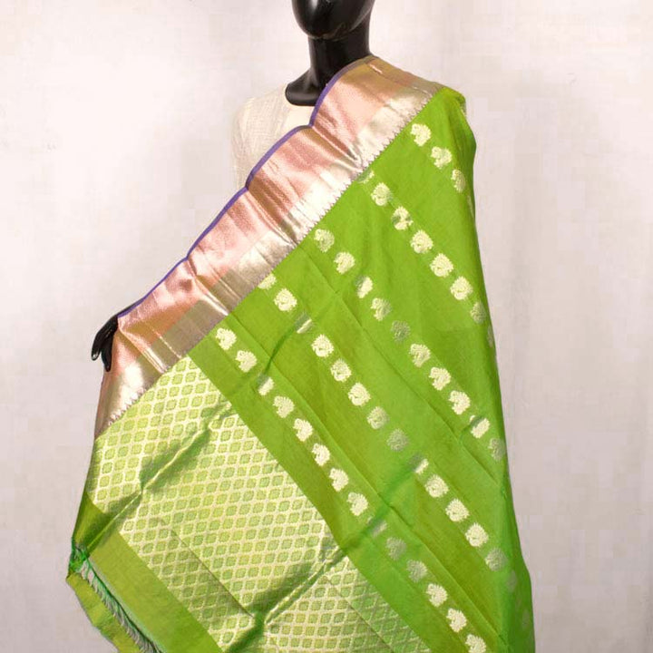 Handcrafted Kanjivaram Soft Silk Dupatta with Floral and Peacock Motifs and Silver Zari Border