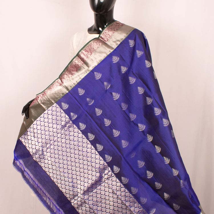 Handcrafted Kanjivaram Soft Silk Dupatta with Floral Motifs and Rudhraksham and Paisley Border