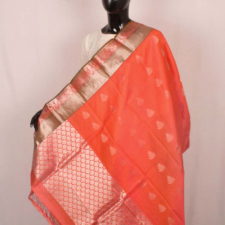 Handcrafted Kanjivaram Soft Silk Dupatta with Floral Motifs and Rudhraksham and Paisley Border 